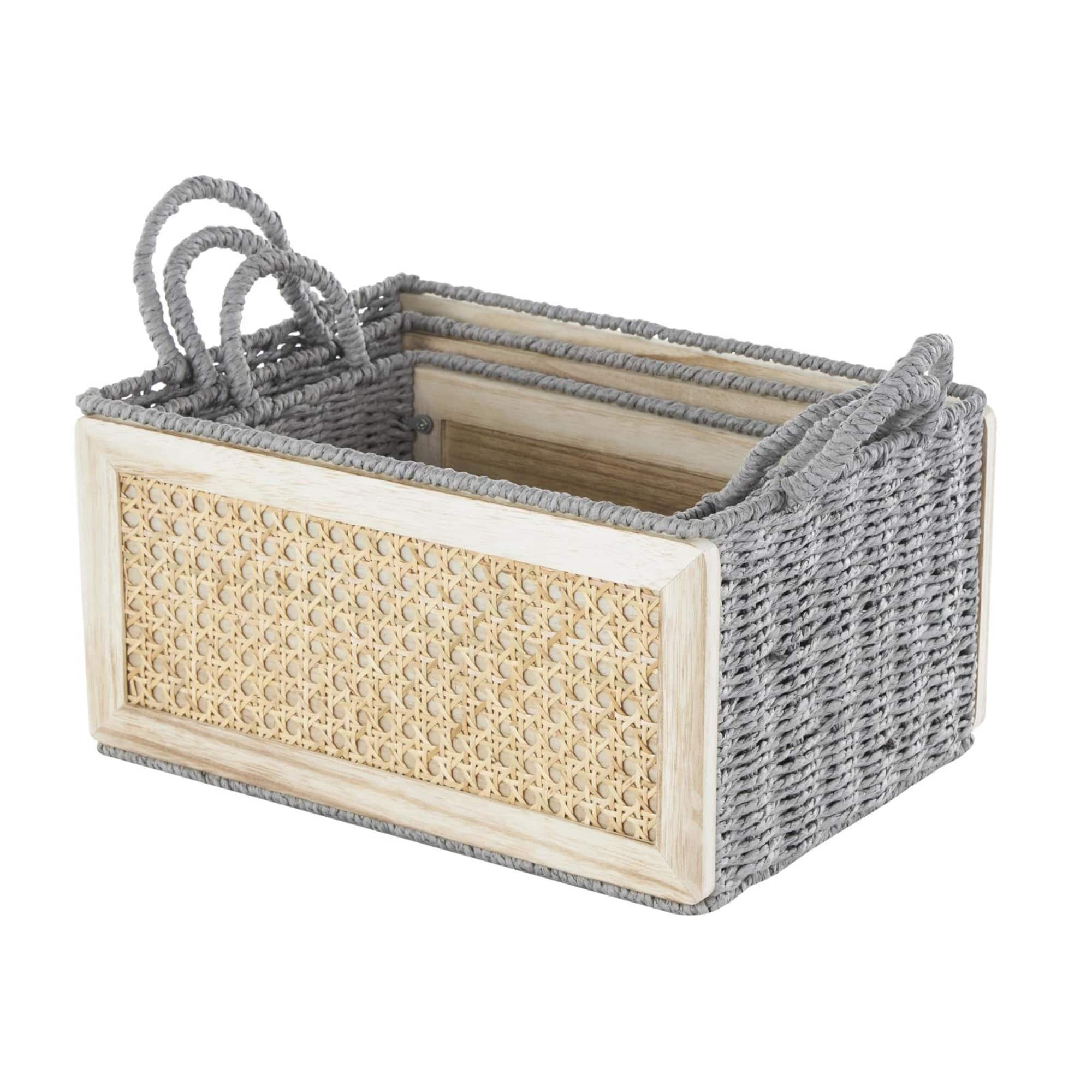 Light Brown Rattan Woven Basket with Gray Rope Handles, 3ct.